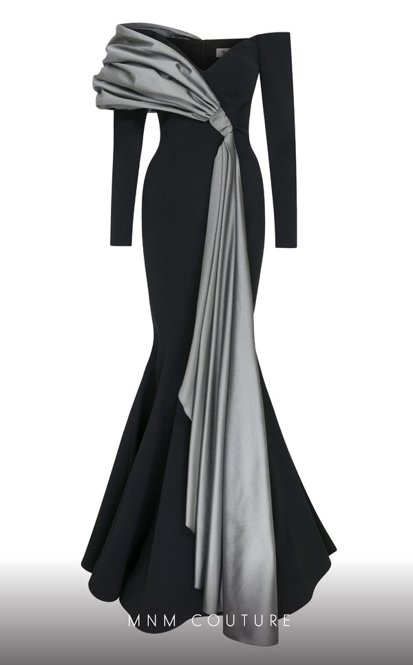 MNM Couture N0561 off-shoulder mermaid gown with draped bust. | Couture Shop LA