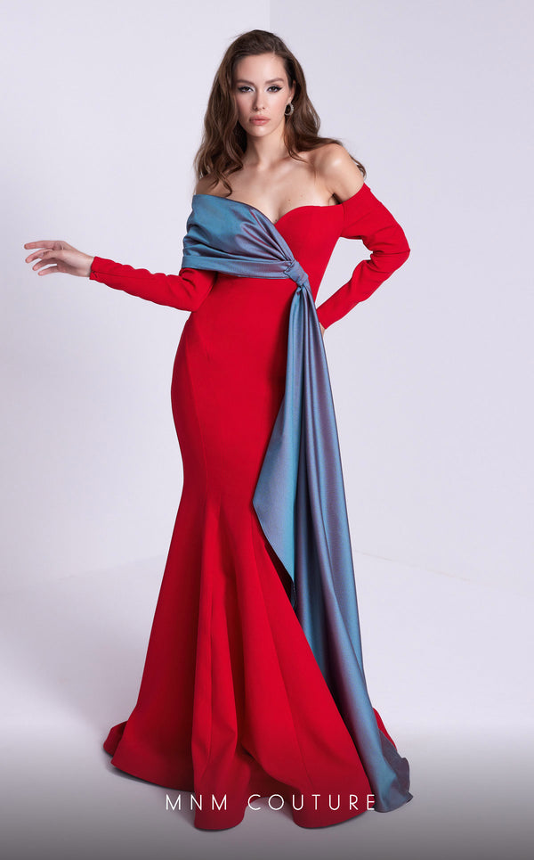 MNM Couture N0561 off-shoulder mermaid gown with draped bust. | Couture Shop LA