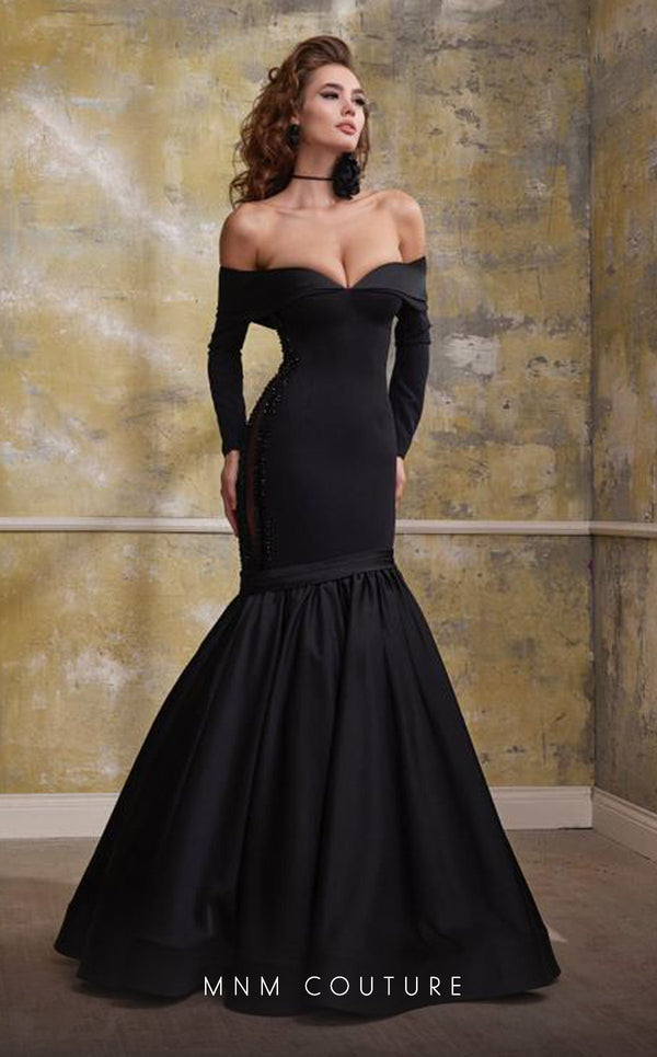 MNM Couture N0563 black mermaid gown with tassel details and draped bust | Couture Shop LA