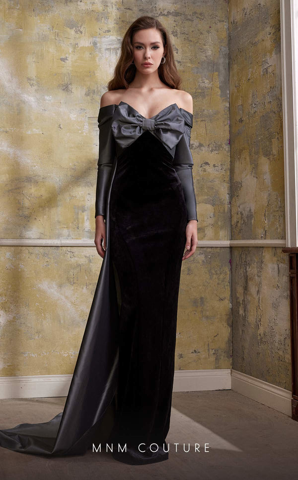 MNM Couture N0565 black velvet gown with draped bust and Roman-style skirt | Couture Shop LA