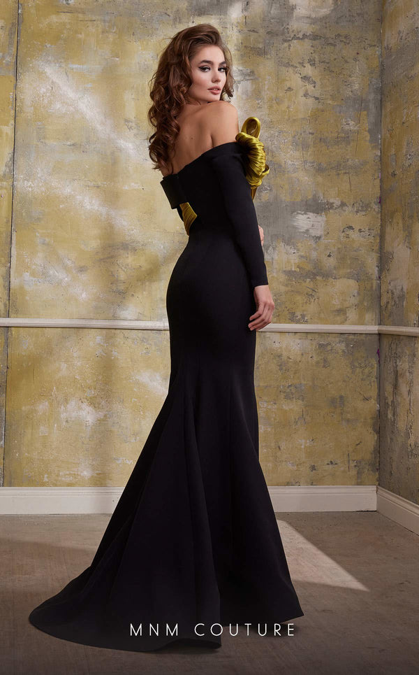 MNM Couture N0566 mermaid gown with pleated organza and train. | Couture Shop LA