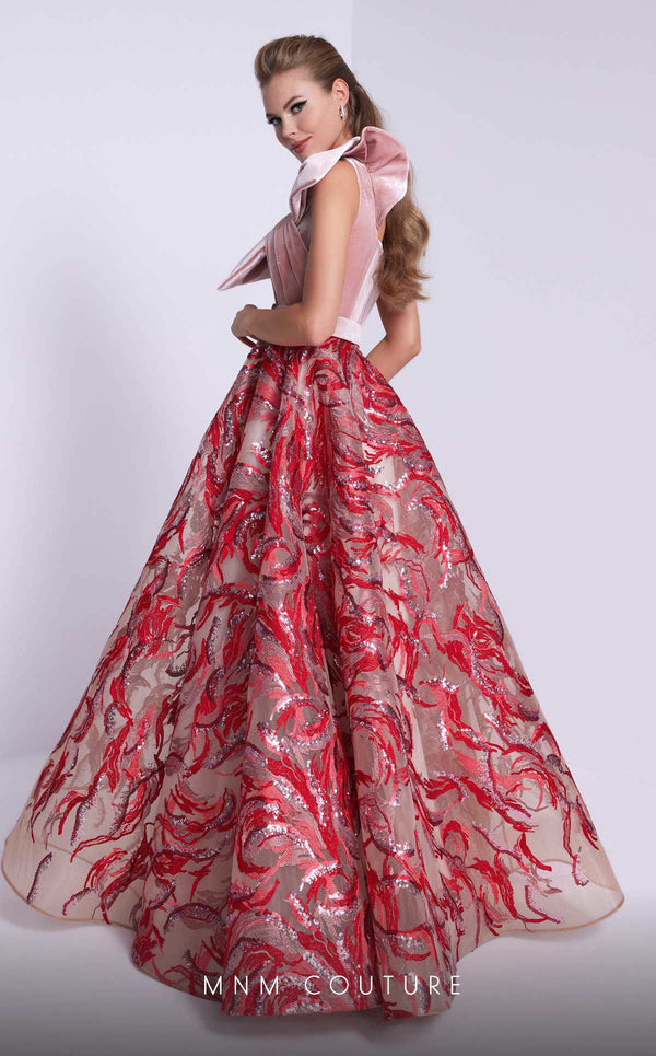 MNM Couture N0576 one-shoulder flared gown with embroidered papillon. | Couture Shop LA