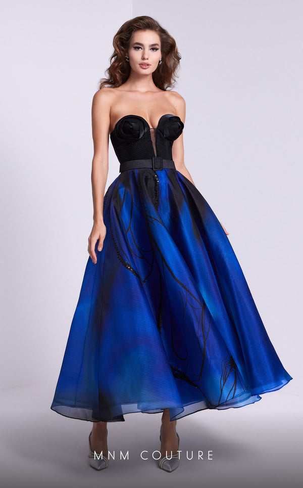 MNM Couture N0581 strapless A-line gown with floral embellishments. | Couture Shop LA