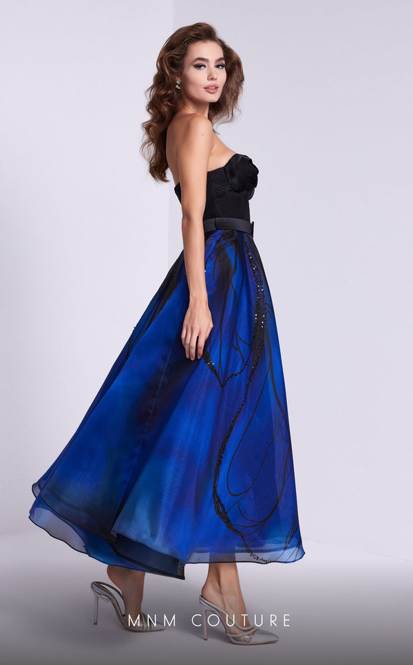 MNM Couture N0581 strapless A-line gown with floral embellishments. | Couture Shop LA
