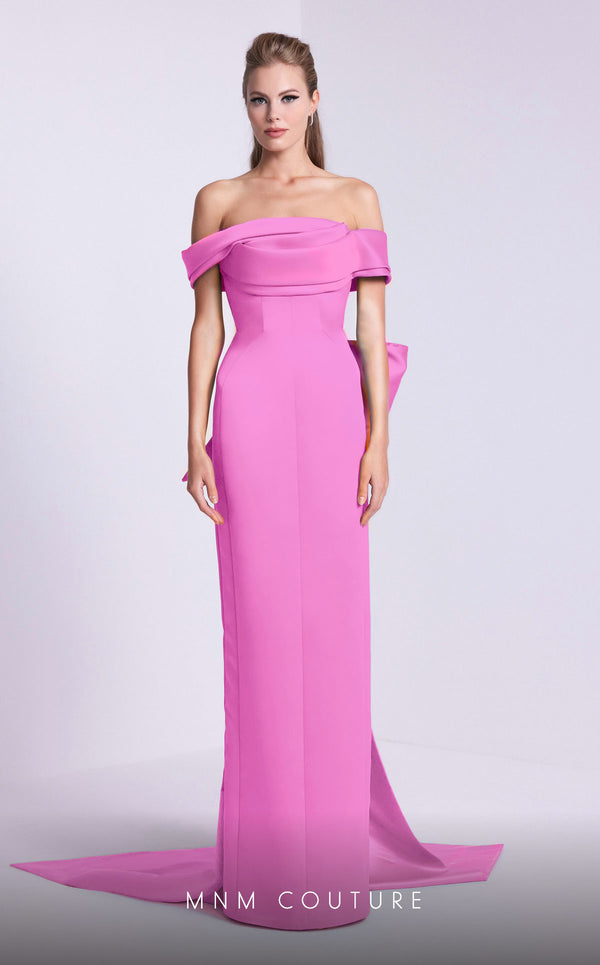 MNM Couture N0589 cap sleeve column gown with pleated neckline. | Couture Shop LA