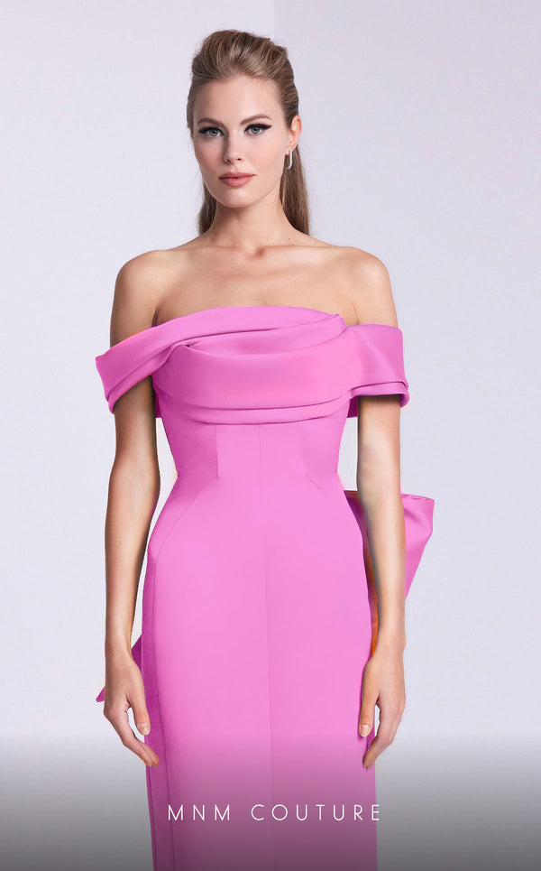 MNM Couture N0589 cap sleeve column gown with pleated neckline. | Couture Shop LA