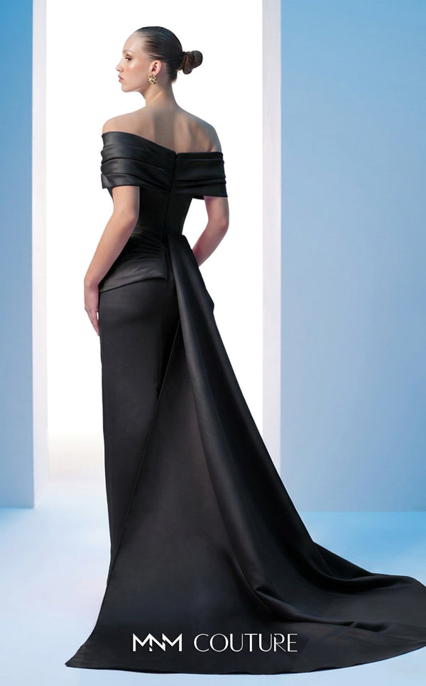 MNM Couture N0607 cap sleeve satin gown with draped detailing. | Couture Shop LA