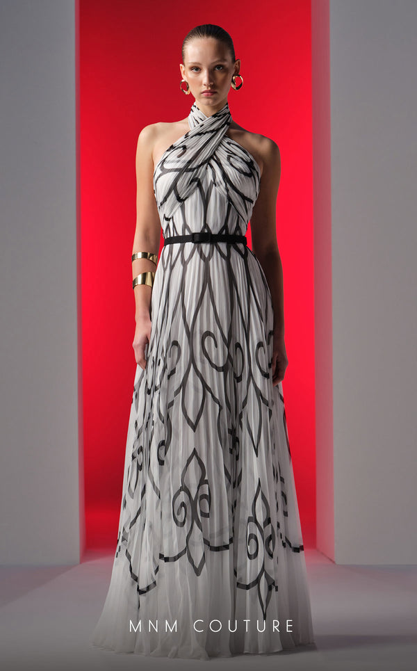 MNM Couture N0614 halter-neck A-line gown with printed chiffon and flared skirt. | Couture Shop LA
