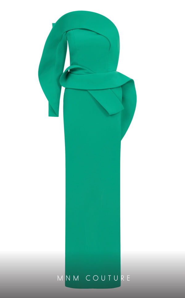 MNM Couture N0618 one-sided off-shoulder gown with draped detailing. | Couture Shop LA