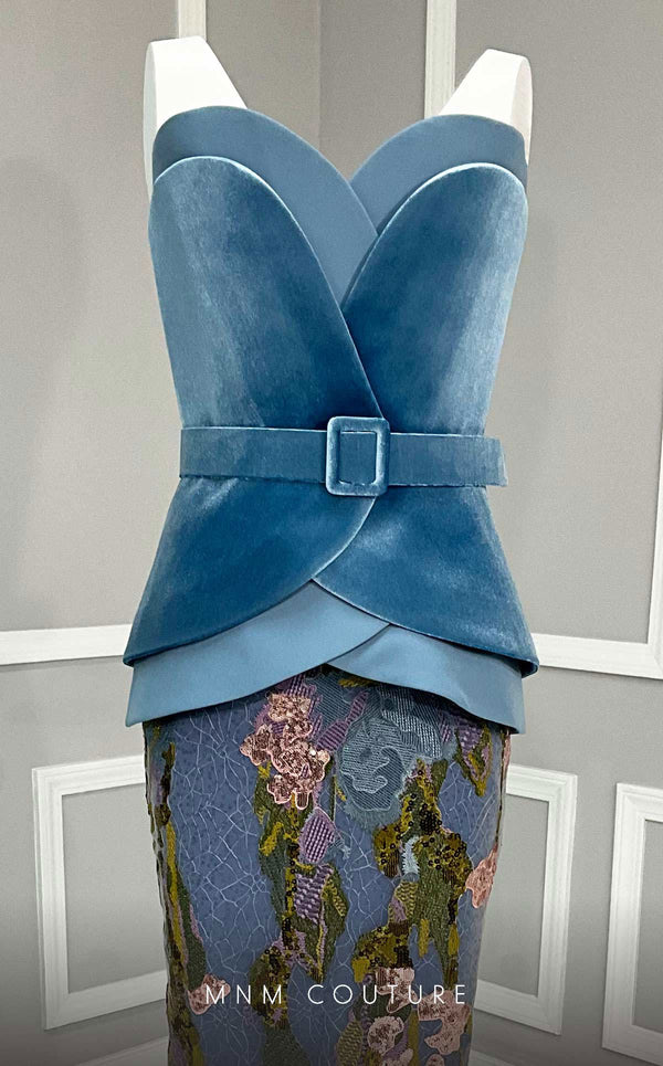MNM Couture N0620 baby blue corset top with sequined velvet skirt and belt detail. | Couture Shop LA