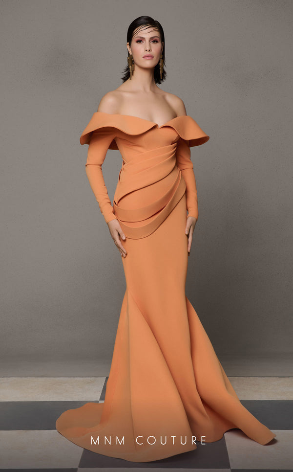 Orange draped crepe haute couture mermaid dress MNM Couture N0623