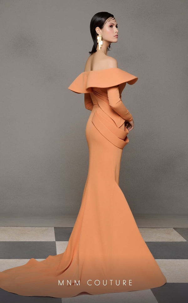 Orange draped crepe haute couture mermaid dress MNM Couture N0623