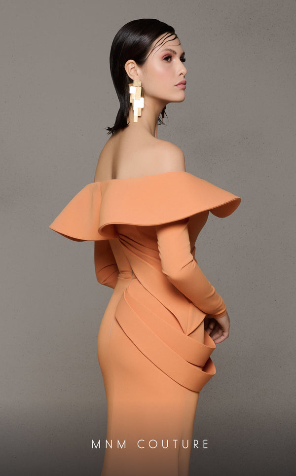 Orange draped crepe haute couture mermaid dress MNM Couture N0623