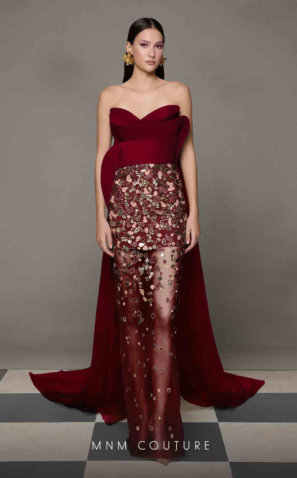 MNM Couture N0625 burgundy tafta gown with peplum silhouette and dramatic mesh-overlay design. | Couture Shop LA