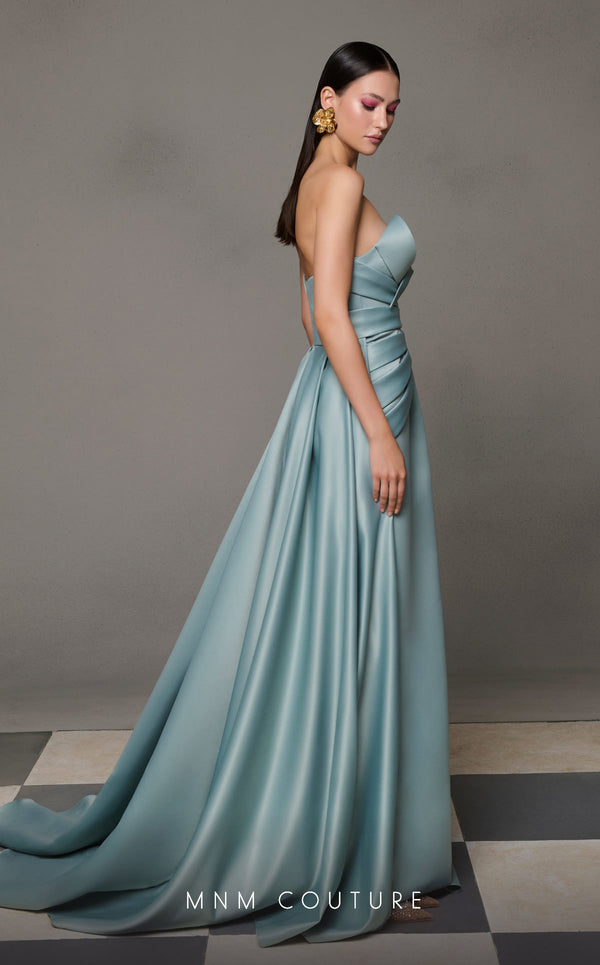MNM Couture N0626 light blue gown with crisscross pleated bust and dramatic train | Couture Shop LA