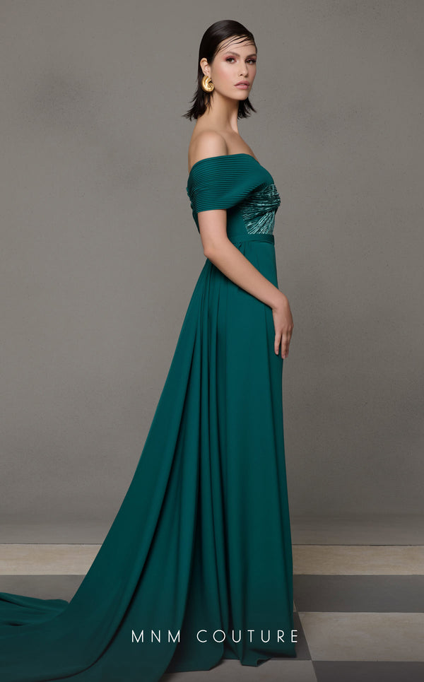 MNM Couture N0627 green gown with asymmetrical sweetheart design and sweeping train | Couture Shop LA