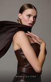MNM Couture N0629 brown leather dress with sequin skirt and organza scarf accent. | Couture Shop LA