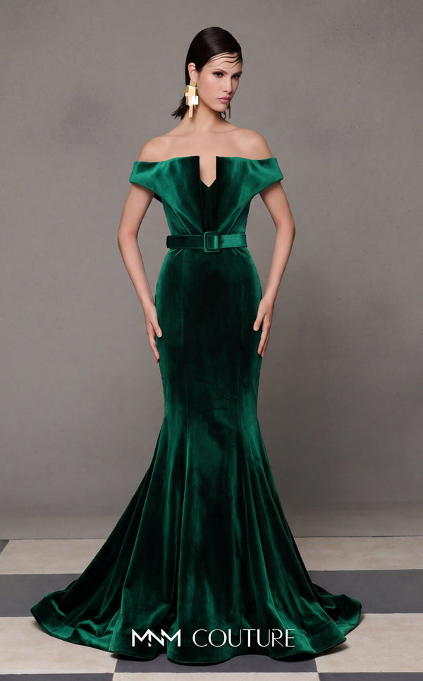MNM Couture N0630A green and pink velvet gown with mermaid silhouette and dramatic train. | Couture Shop LA
