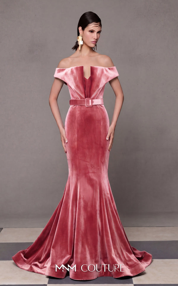 MNM Couture N0630A green and pink velvet gown with mermaid silhouette and dramatic train. | Couture Shop LA