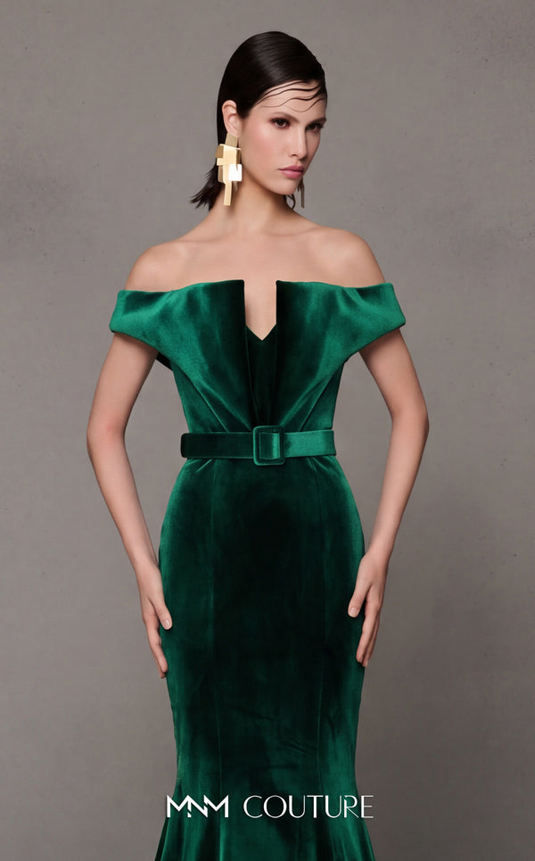 MNM Couture N0630A green and pink velvet gown with mermaid silhouette and dramatic train. | Couture Shop LA
