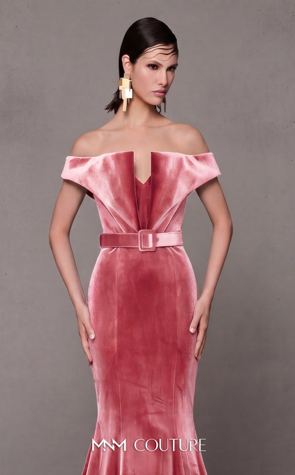 MNM Couture N0630A green and pink velvet gown with mermaid silhouette and dramatic train. | Couture Shop LA