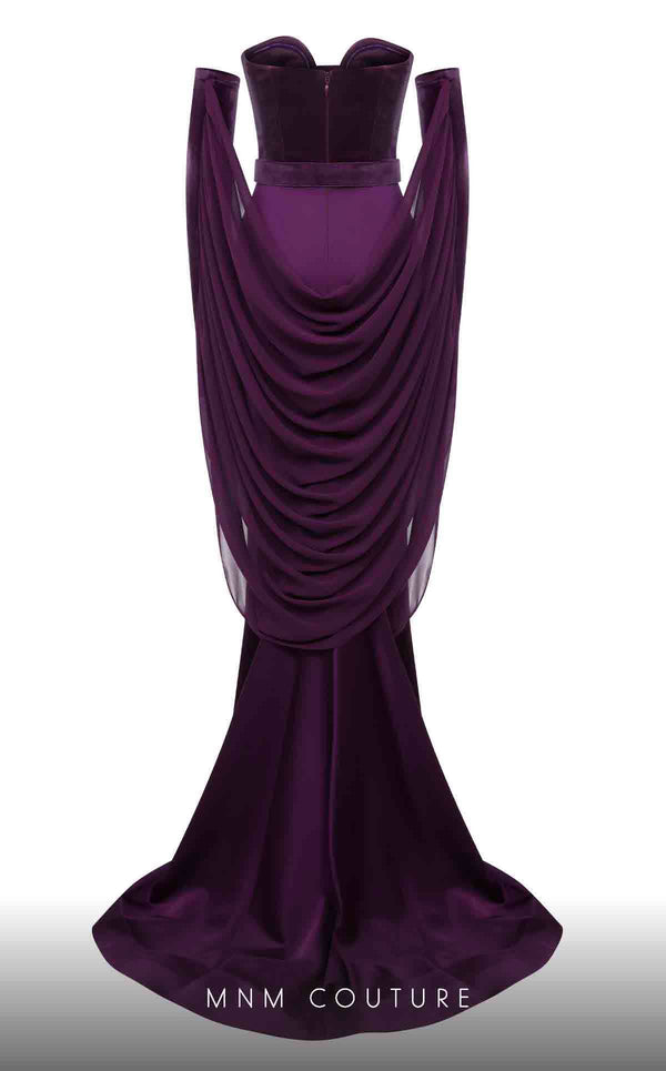 MNM Couture N0634 black, olive, and burgundy velvet gown with pleated waistline, gloves, and flowing cape. | Couture Shop LA
