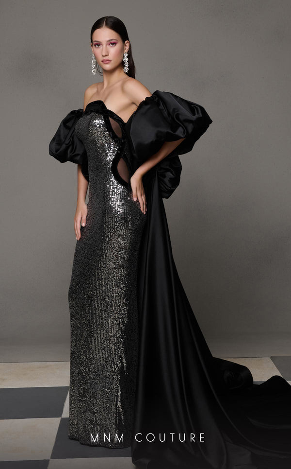 MNM Couture Style N0635 gown featuring intricate sequin detailing, removable cape sleeves, and a majestic straight neckline. / Couture Shop LA