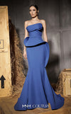 MNM Couture Style N0640 blue rayon crepe column gown featuring a straight-across neckline, twisted bust pleat, thin belt, asymmetric peplum, and dramatic long train | Couture Shop LA.