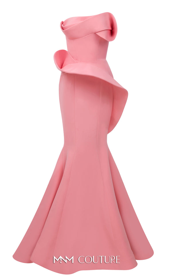 MNM Couture Style N0640 blue rayon crepe column gown featuring a straight-across neckline, twisted bust pleat, thin belt, asymmetric peplum, and dramatic long train | Couture Shop LA.