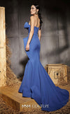 MNM Couture Style N0640 blue rayon crepe column gown featuring a straight-across neckline, twisted bust pleat, thin belt, asymmetric peplum, and dramatic long train | Couture Shop LA.