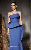 MNM Couture Style N0640 blue rayon crepe column gown featuring a straight-across neckline, twisted bust pleat, thin belt, asymmetric peplum, and dramatic long train | Couture Shop LA.