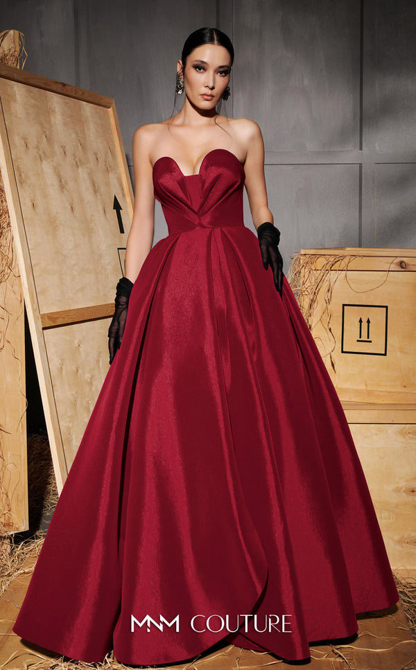 MNM Couture Style N0642 royal blue A-line gown, featuring a pleated sweetheart neckline, sleeveless design, and taffeta fabric for a timelessly elegant silhouette | Couture Shop LA