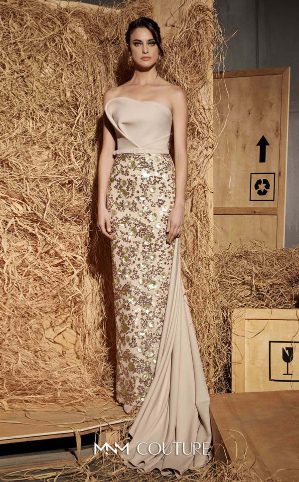 MNM Couture Style N0645 off-white rayon crepe sleeveless gown with mesh embroidery & classic column fit. | Couture Shop LA