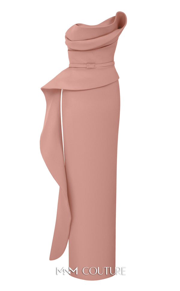 MNM Couture Style N0647 fuchsia rayon crepe column dress with asymmetric sweetheart neckline & long sleek lines. | Couture Shop LA