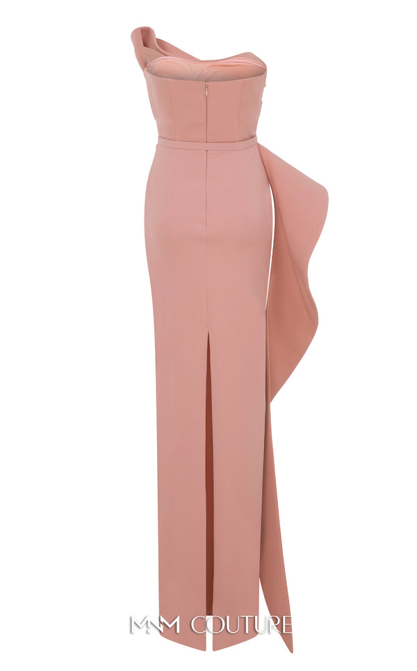 MNM Couture Style N0647 fuchsia rayon crepe column dress with asymmetric sweetheart neckline & long sleek lines. | Couture Shop LA