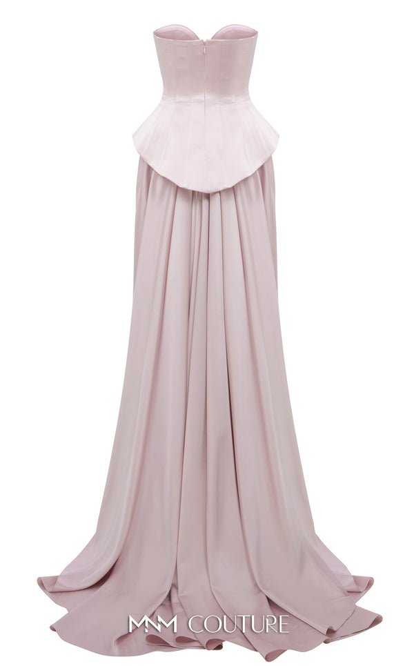 MNM Couture Style N0648 silver silk column dress featuring a sweetheart neckline, peplum corset bodice, floral embroidery with sequins, a fitted skirt, and a dramatic back train for an elegant silhouette | Couture Shop LA