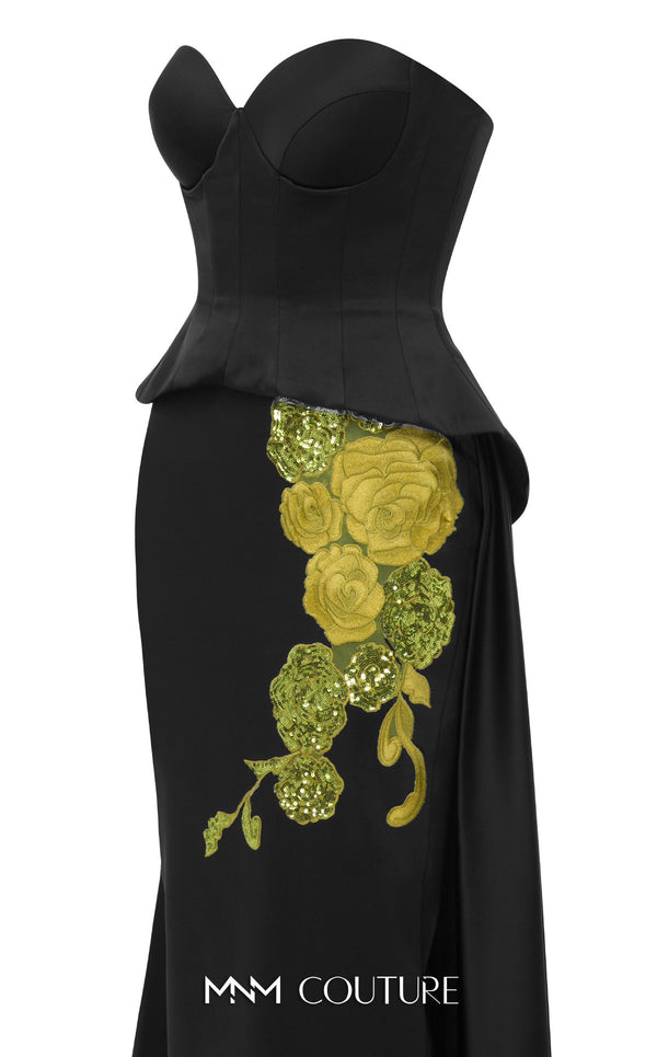 MNM Couture Style N0648 silver silk column dress featuring a sweetheart neckline, peplum corset bodice, floral embroidery with sequins, a fitted skirt, and a dramatic back train for an elegant silhouette | Couture Shop LA