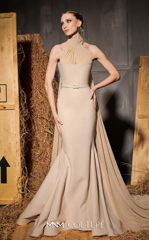 MNM Couture Style N0649 beige mermaid dress with high organza neckline, fitted waistline & dramatic train cape. | Couture Shop LA