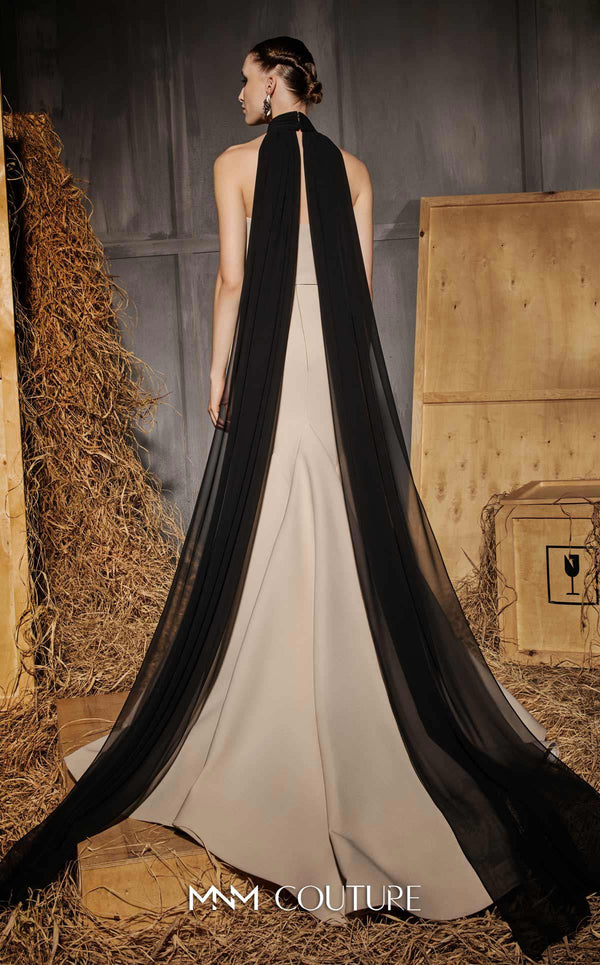MNM Couture Style N0649 beige mermaid dress with high organza neckline, fitted waistline & dramatic train cape. | Couture Shop LA