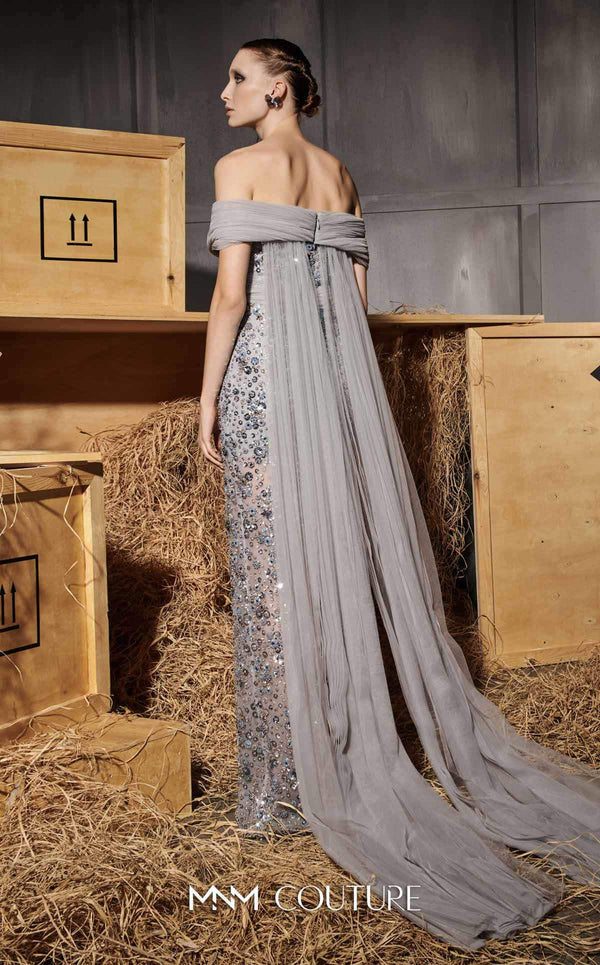MNM Couture Style N0652 gray mesh embroidered gown with sweetheart neckline, cap off-shoulder sleeves & flowing train cape. | Couture Shop LA