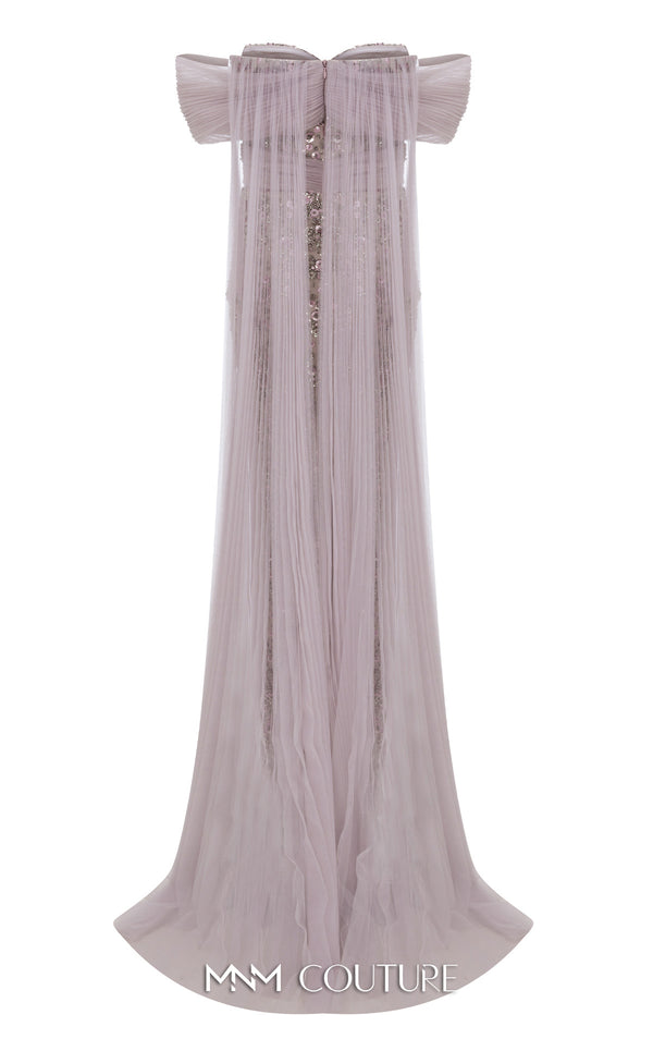 MNM Couture Style N0652 gray mesh embroidered gown with sweetheart neckline, cap off-shoulder sleeves & flowing train cape. | Couture Shop LA