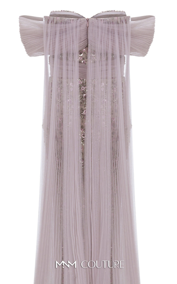 MNM Couture Style N0652 gray mesh embroidered gown with sweetheart neckline, cap off-shoulder sleeves & flowing train cape. | Couture Shop LA