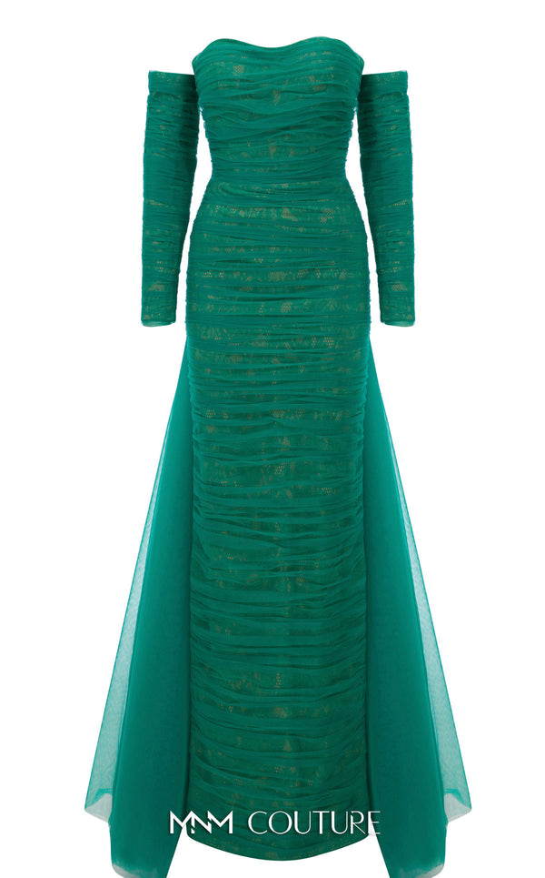 MNM Couture Style N0656 black lace column dress featuring a semi-sweetheart neckline, fitted silhouette, organza back skirt with train, and elegant gloves. | Couture Shop LA