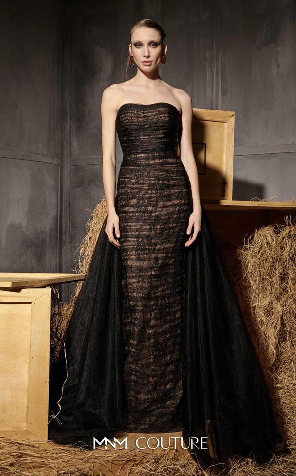MNM Couture Style N0656 black lace column dress featuring a semi-sweetheart neckline, fitted silhouette, organza back skirt with train, and elegant gloves. | Couture Shop LA