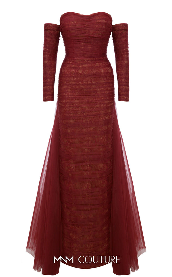 MNM Couture Style N0656 black lace column dress featuring a semi-sweetheart neckline, fitted silhouette, organza back skirt with train, and elegant gloves. | Couture Shop LA