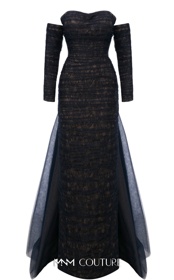 MNM Couture Style N0656 black lace column dress featuring a semi-sweetheart neckline, fitted silhouette, organza back skirt with train, and elegant gloves. | Couture Shop LA