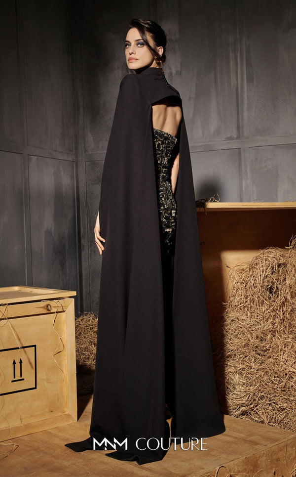 MNM Couture Style N0657 black mesh embroidered gown with cape sleeves & column fit. | Couture Shop LA