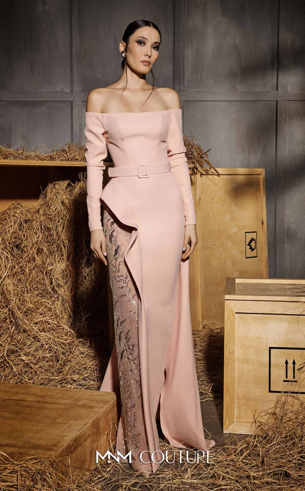 MNM Couture Style N0660 - Elegant pink rayon crepe column dress featuring off-shoulder long sleeves, sequined embroidery, and a dramatic peplum skirt | Couture Shop LA