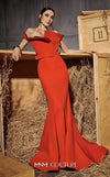 MNM Couture Style N0661 coral dress with a mermaid silhouette, cap off-shoulder sleeves & asymmetric neckline. | Couture Shop LA