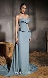 MNM Couture Style N0664 light blue rayon crepe sleeveless gown with asymmetric neckline & clean column fit. | Couture Shop LA